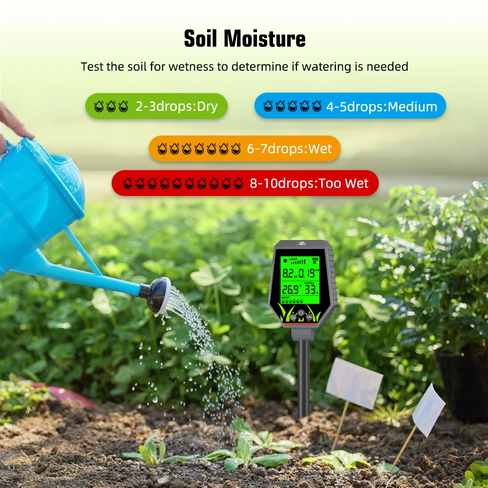 Digital 6 in 1 Multifunctional Soil PH EC Meter Farm Garden Fertility Moisture Test Detector Sunlight Monitor for Flower Plants