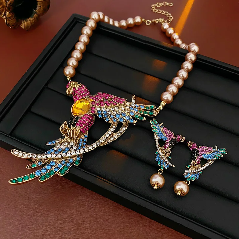 3 Pcs Colorful Birds Retro Necklace Earrings Sets Vintage Style Light Luxury Wedding Jewelry Christmas Gifts Wholesale