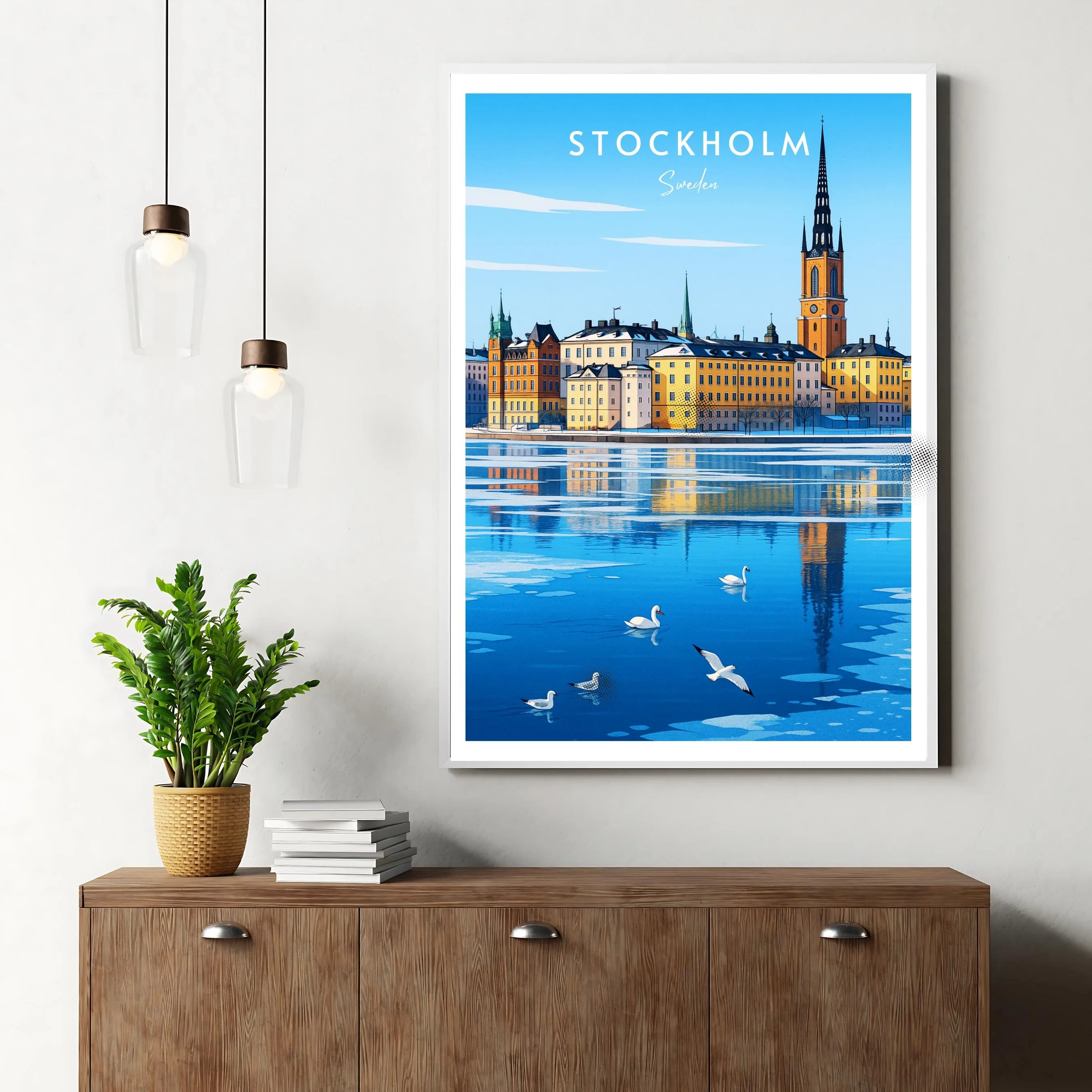 Travel-themed wall decor, Stockholm, Sweden, Europe, Scandinavia, Baltic Sea, modern art, posters, gifts, prints, home decor