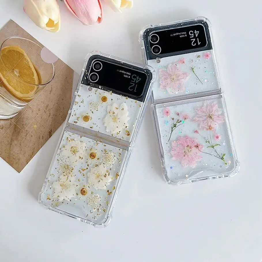 Glitter Daisy Real Flower Case For Samsung Galaxy Z Flip 5 Z Flip 4 Zflip 3 Luxury Dried Flowers Shockproof Clear Cover Fundas