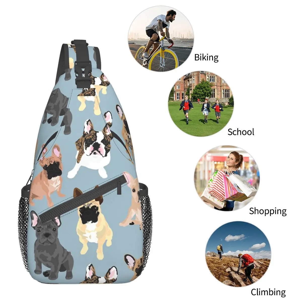 French Bulldogs Crossbody Sling Bag, Peito, Animal, Pet, Mochila de Ombro, Mochila, Viagem, Caminhada, Ciclismo, Amor, Moda