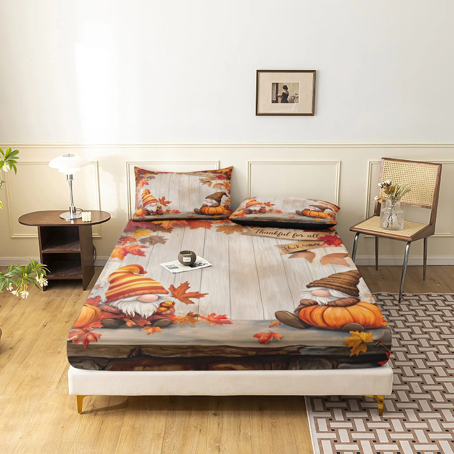 3 Pieces Fall Pumpkin Maple Leaf Print Fitted Sheet Set, Rustic Wooden Board Autumn Harvest Dwarf Elf Print Bedding,