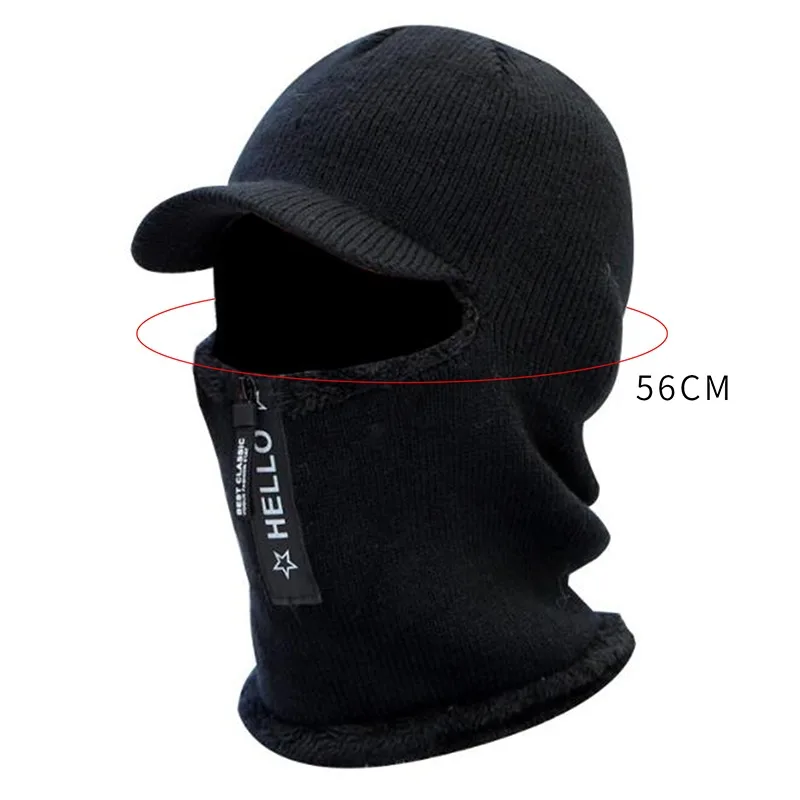 Men Winter Knitted Hat With Zipper Outdoor Face Ear Protection Warm Thick Bicycle Cap Scarf Windproof Visors Cap Balaclava Cap