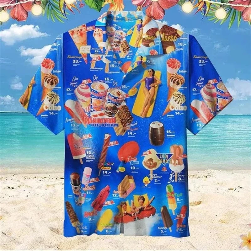 Trendige coole Mode-Eis-Hemden, Strandparty, 3D-Druck, Hawaii-Hemd, Unisex, kurzärmelig, übergroße Bluse, Revers-Hemd