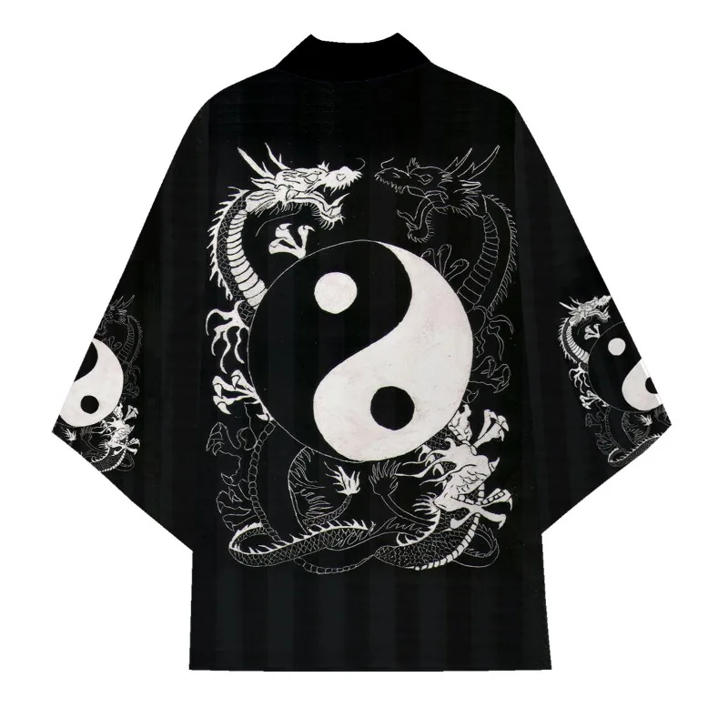 Summer Chinese Wind Dragon Totem Cloak Digital Printed Cardigan Shirt Seven-quarter Sleeve Kimono Robe