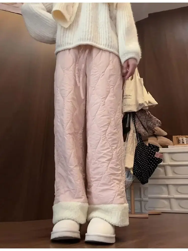 

Ветрозащитные хлопковые брюки из флиса ягненка, осень-зима 2024, утепленные флисовые теплые широкие брюки с высокой талией, модные повседневные брюки