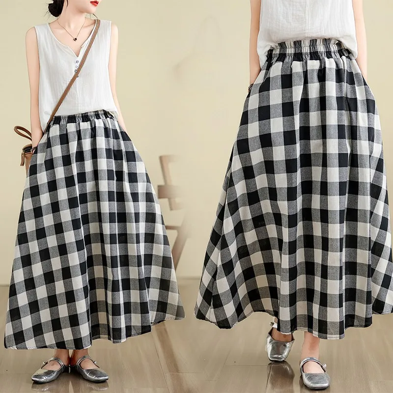 New Arrival 2024 Summer Arts Style Women Elastic Waist Loose A-line Skirt  All-matched Casual Cotton Linen Plaid Long skirt