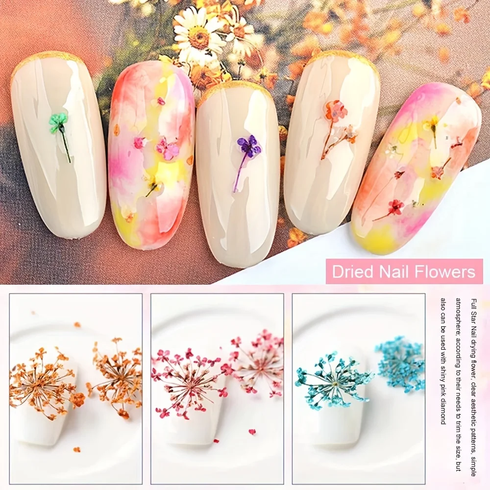 12 Colors Dried Flowers for Nail Art Mini Real Natural Flowers 3D Applique Nail Decoration