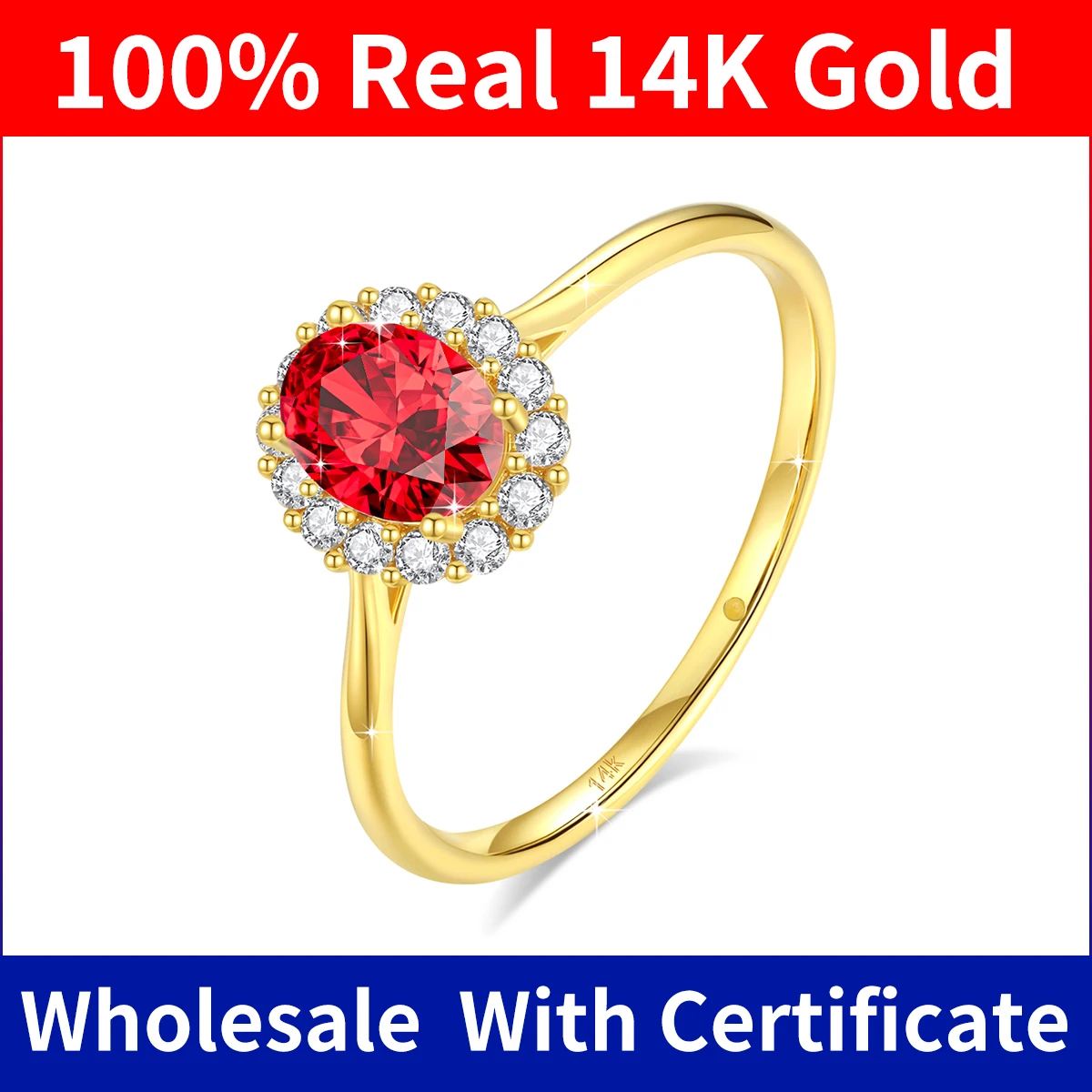 Szjinao Trendy Red Ruby Rings For Woman 14k Real Gold Oval Stone 5*7mm Luxury K Gold Jewelry For Woman Girl Graduation Gift 2025