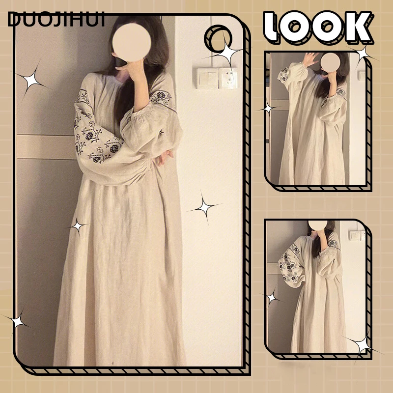 

DUOJIHUI Ins Loose Solid Color Chic Floral New Women Pajamas Classic O-neck Long Sleeves Simple Casual Fashion Female Nightgowns