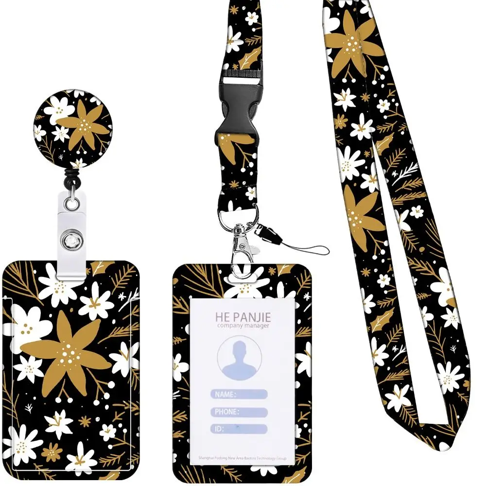 360 Degree Rotatable Working Cards Holder Necklace Strap 5 Colors Flower Print Badge Holder Vertical Flower