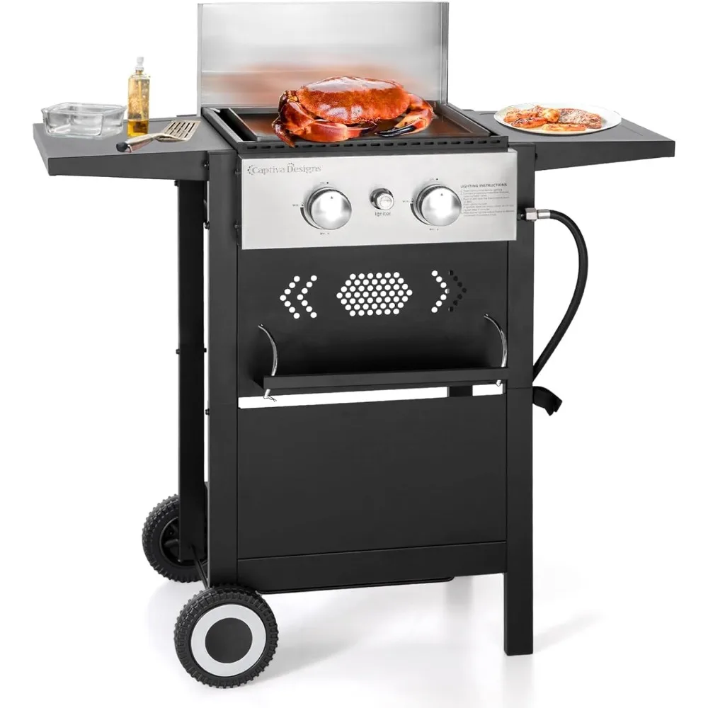 Griddle Grill Combo 2 Burner with Cast Iron Plate, 20,000 BTU Output Small Propane Barbecue Grill