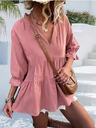 4 Color Casual Loose V-Neck Long Sleeve Shirt Women's Solid Color Top Spring Autumn T-Shirt