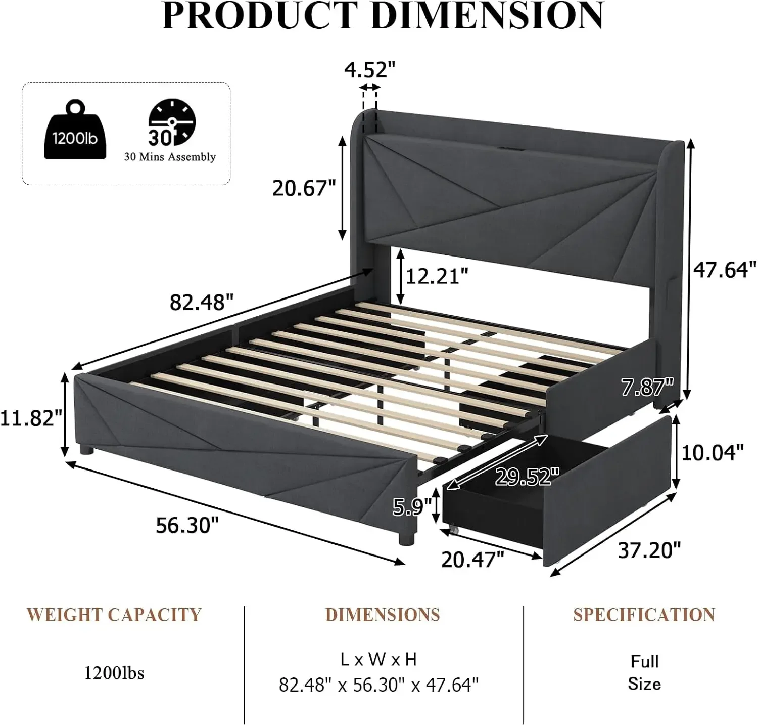 Full Bed Frame with 4 Storage Drawers and Charging Station, Platform Bed Frame with LED Lights, No Box Spring Needed, Dark Grey