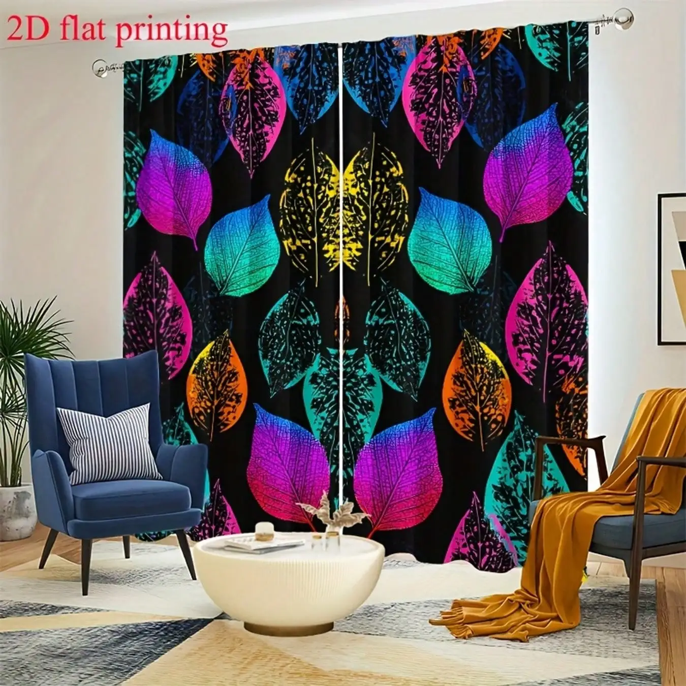 2pcs 2D Flat Colorful Leaf Pattern Curtains Featuring Vibrant Pink Blue Yellow And Orange Leaves Arranged Symmetrically