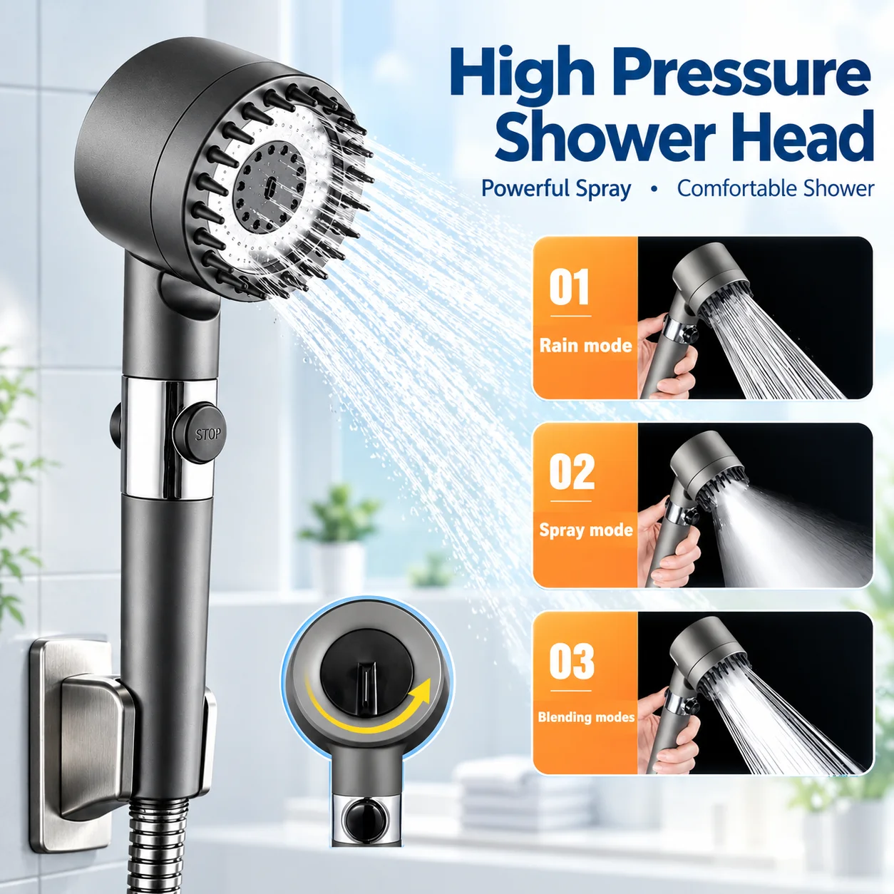 High Pressure Handheld Shower Head, 3 Spray Modes Adjustable Showerhead with One-Click Water Stop Button, Shower Only