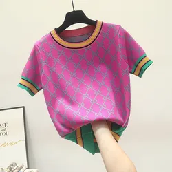 2023 Summer Geometric Plaid Knitted Jumper Women Clothing Short Sleeve Striped Pullover Round Neck Casual Sweater Crop Top