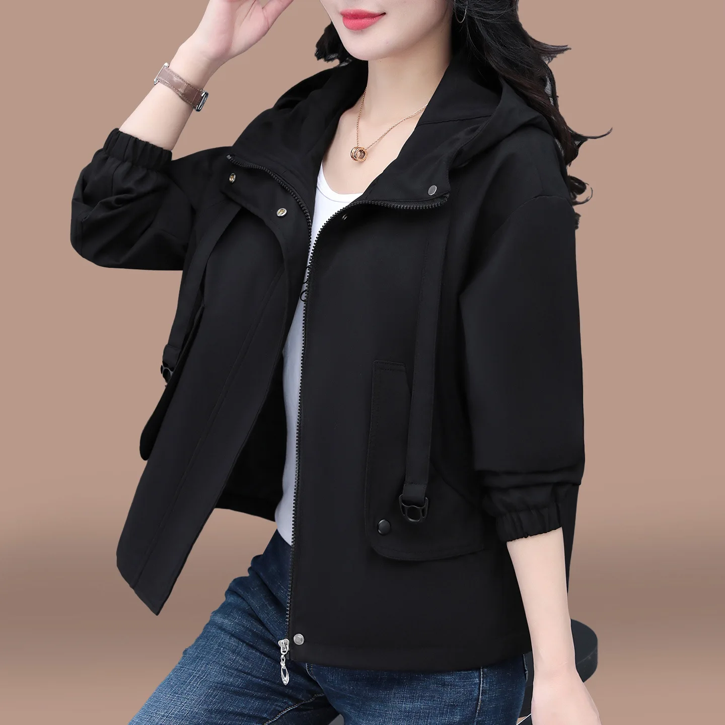 Trench corto da donna Giacca primavera autunno 2025 Nuova giacca corta con cappuccio allentata Top casual femminile Cappotto basic Casaco Feminino