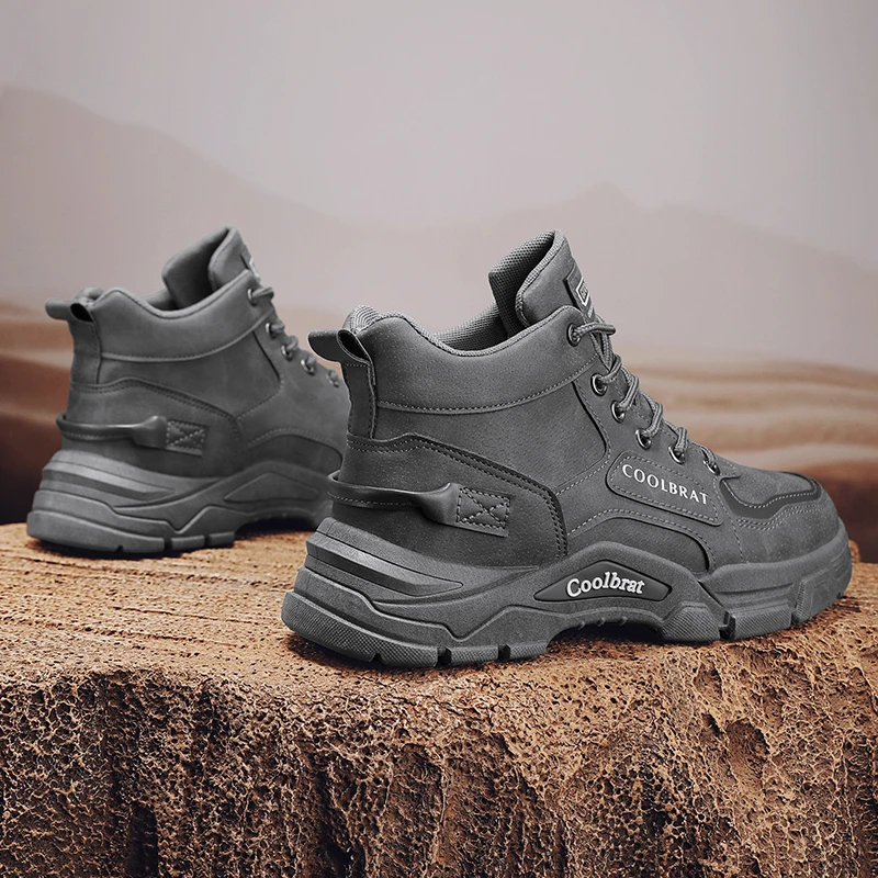 Men High Top Chunky Platform Work Boots, Non-slip Wear-resistant Lace Up Combat Shoes For Hiking Camping Street Daily Wear view 2