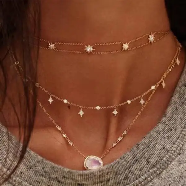 New Fashion Women Girl Gorgeous Delicate White Cz Paved 3pcs North Star Charm Choker Necklaces Ladies Luxury Party Jewelry Gifts