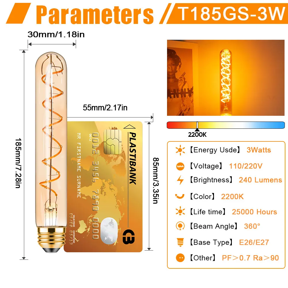 T185 Spiral Filament LED Light E26 E27 Edison Tubular Light Bulb 30 Watt Equivalent 3W 2200K Warm White Retro Amber Glass Bulbs