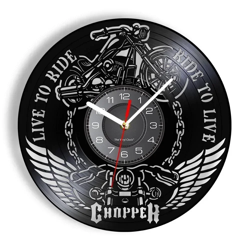 Motocycle Decorative Wall Clock Autocycle Motobike Chain Wing Icon Vintage Design Illuminated Wall Watch Retro Vinyl Disk Crafts