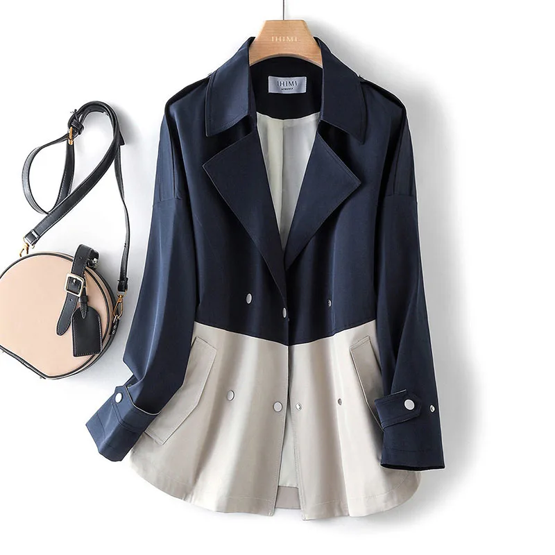 

2022NewSpring Autumn Splicing Trench Coat Women Full Sleeves Suit Collar Windbreaker Jacket Women Mid Long Outerwear Female Tops