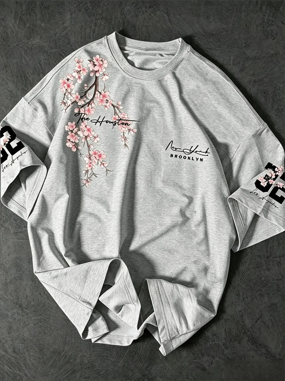 American Men's Summer Brooklyn Cherry Blossom Letter Print Comfortable and Breathable Round Neck T-Shirt Outdoor Street Top