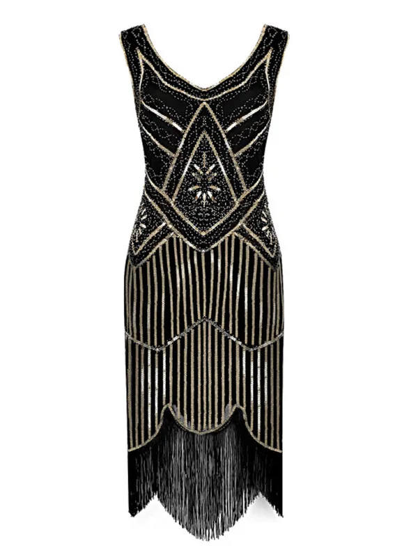 Lovertjes Fringe Zomeravondjurk Banketfeest Jaren '20 Mouwloze Jurk Latin Dansvoorstelling Kostuum
