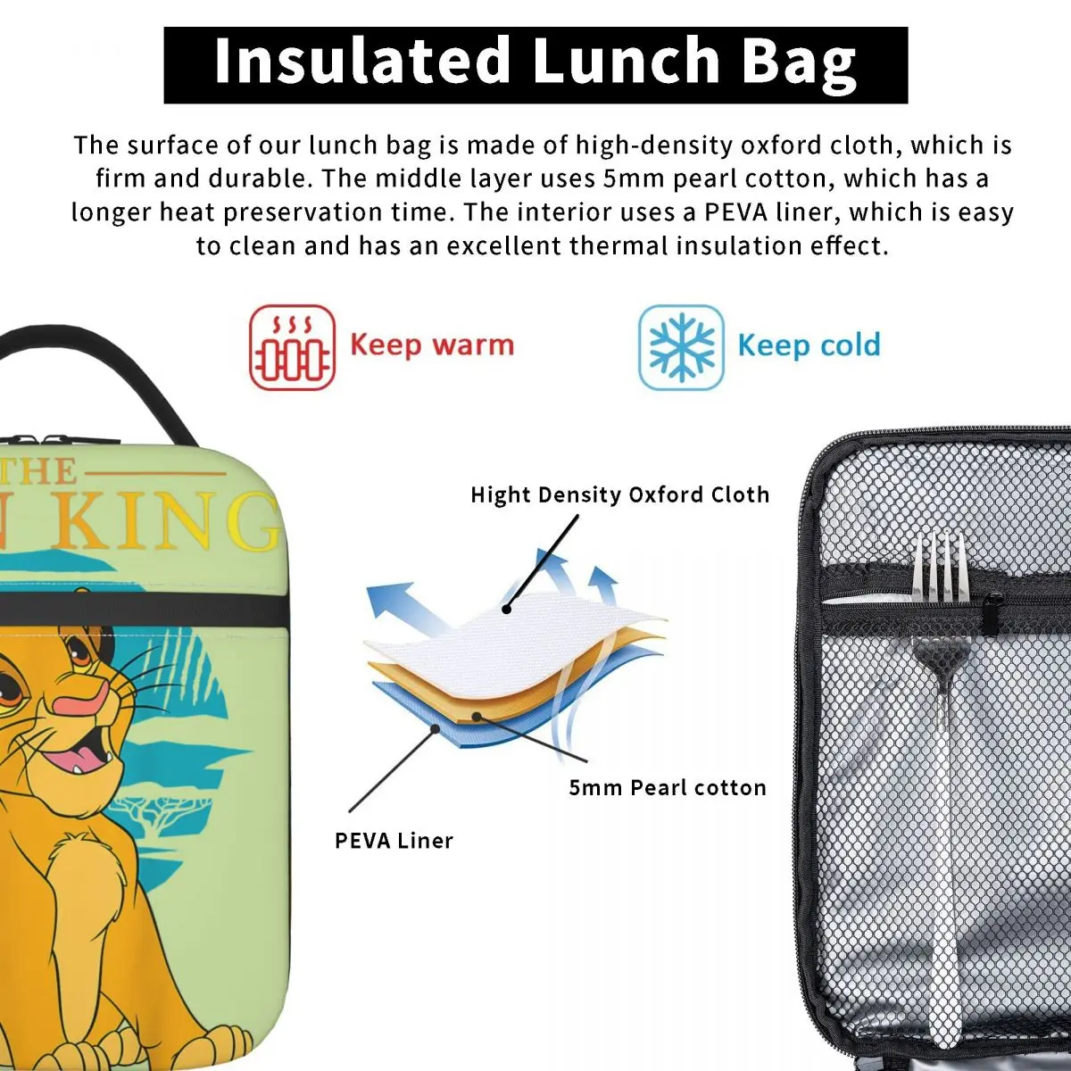 Durevole impermeabile High School disney muslimah the Lion King｠Film Lunch Box Bag Thermal Young Retro Simba Happy Classic Picnic Food