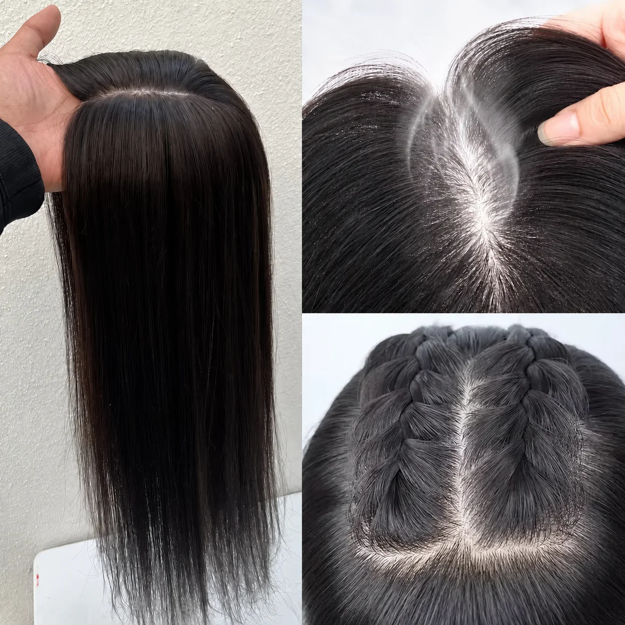 

Silk Skin Base Topper Virgin Human Hair Piece with Clips In 18" 9x13cm Natural Scalp Top Women Toupee Overlay Free Part