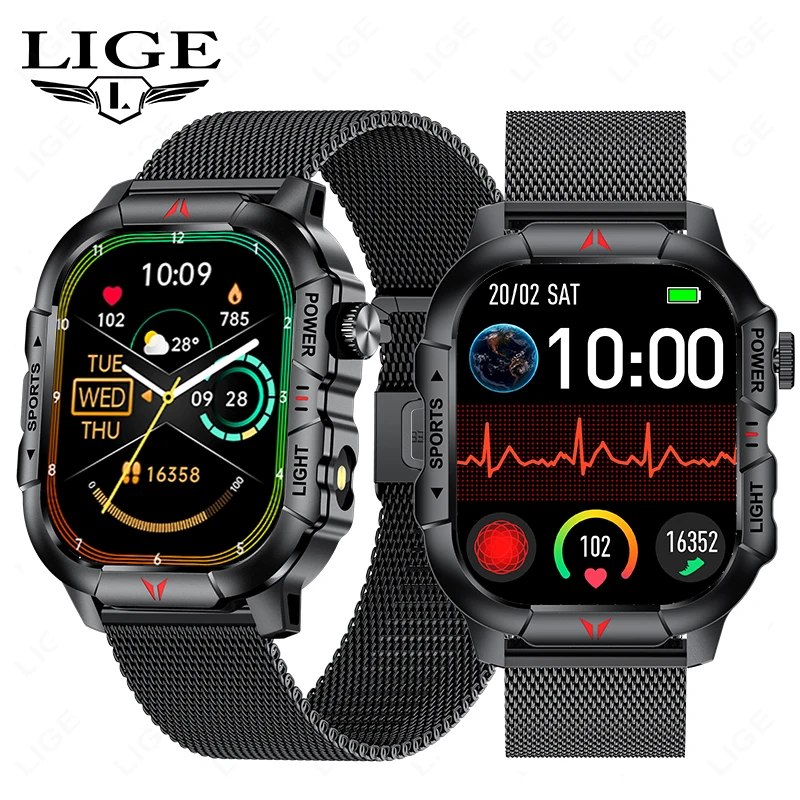 

LIGE Smart Watch LED Flashlight Men Waterproof Watches 2.01-inch HD Screen Health Bracelet Military Outdoor Sport Smartwatch Man