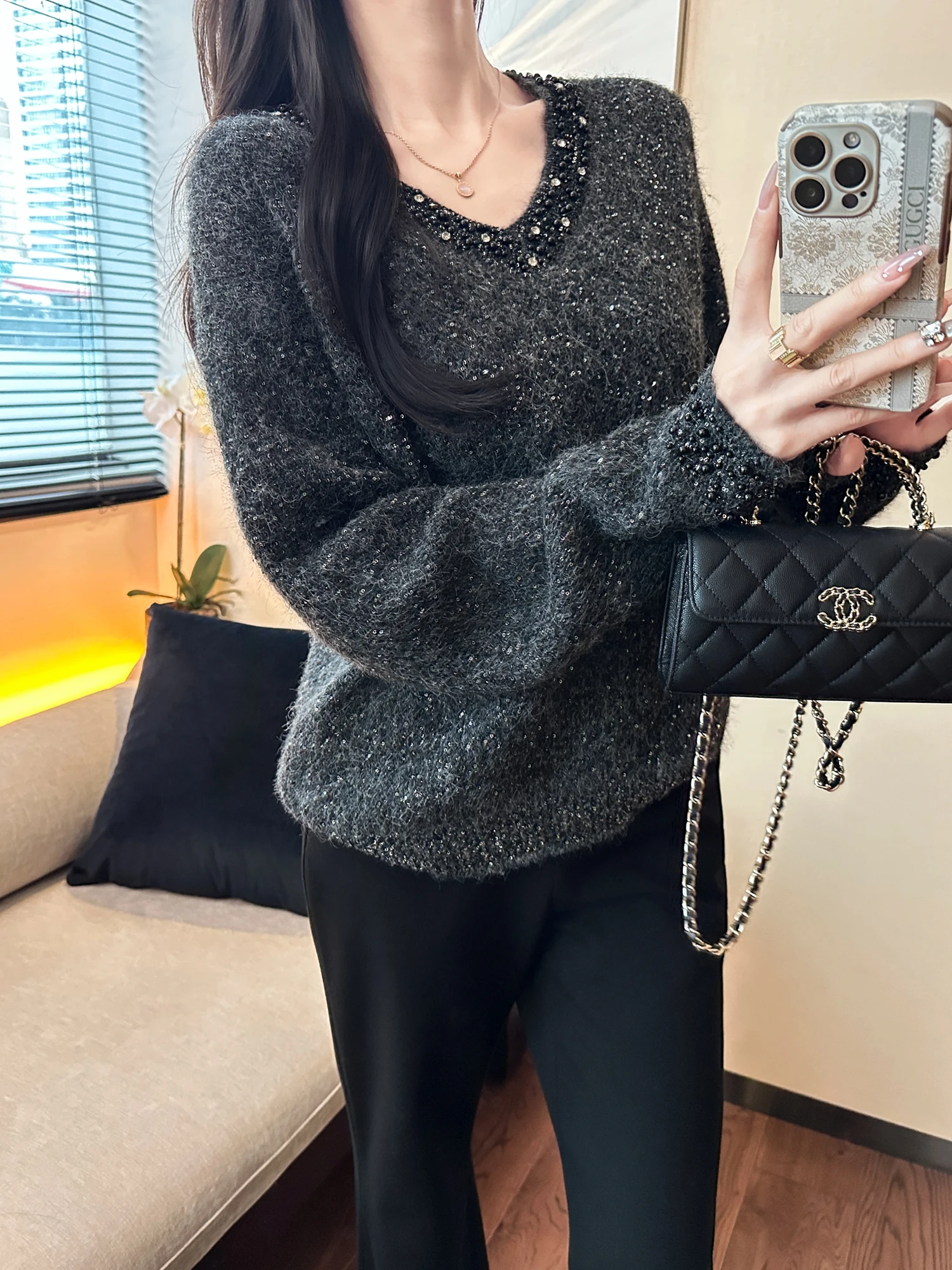 

You See Heavy Du Sparkling Diamond Женский трикотаж Soft V-Ne Long Sve Теплый зимний свитер Faionable Commute Sle