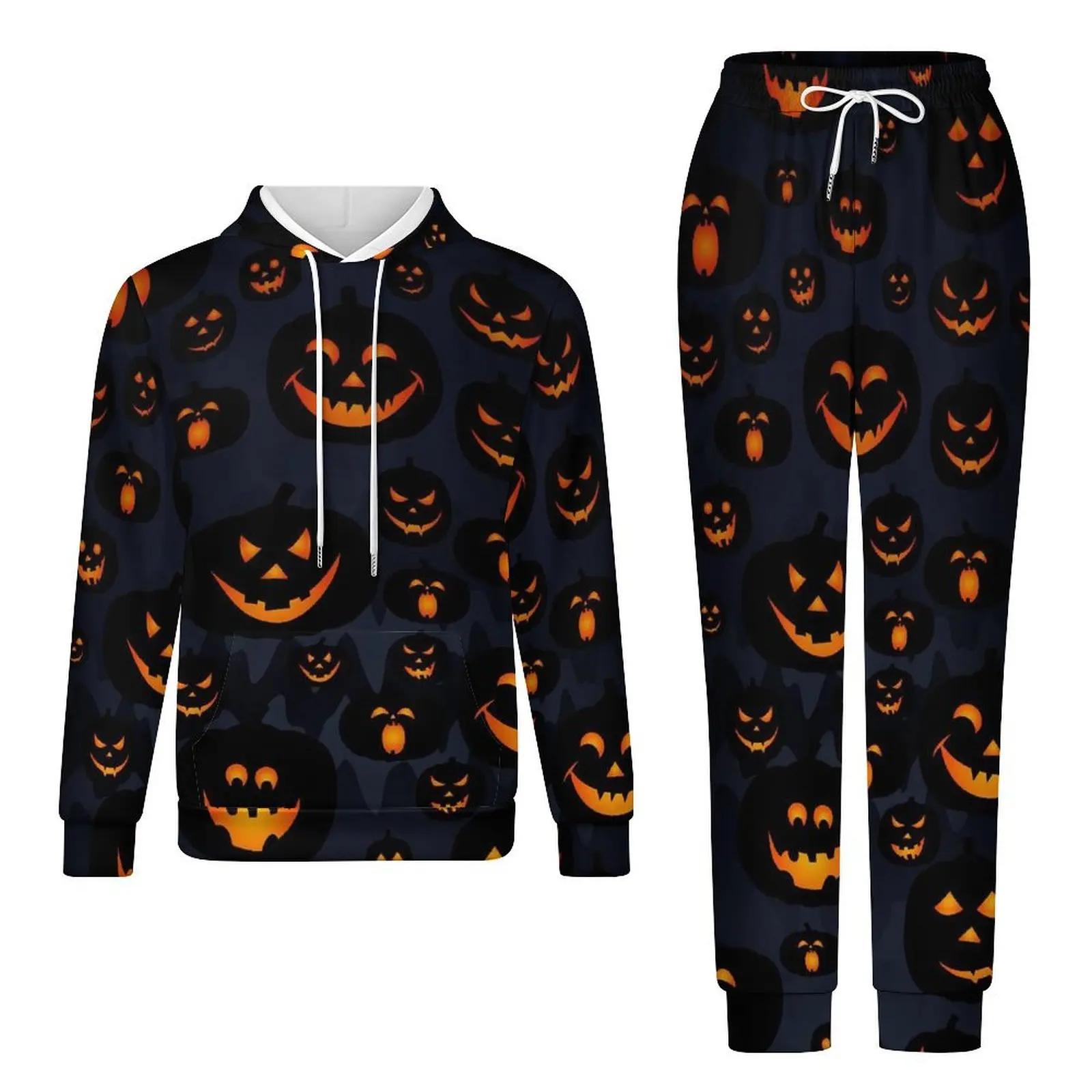 Autumn And Winter Fashion Men Women Simple Color Contrast Cartoon Abstract Irregular Pumpkin Print Loose Casual Hoodie Set