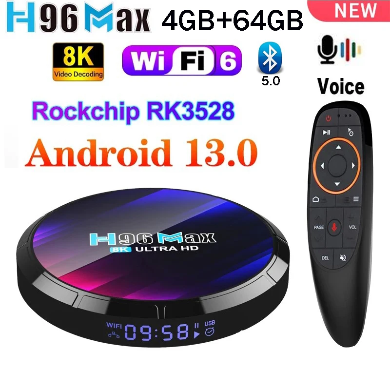 H96 Max RK3528 Android 13 Smart TV Box 4G 32G 64G 5G Dual Wifi6 4K 8K BT5 G10S Голосовой дистанционный медиаплеер Телевизионная приставка IPTV BOX