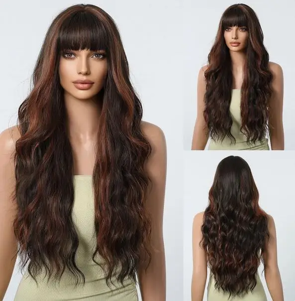 

Wig with long body and wavy dark brown highlight wig