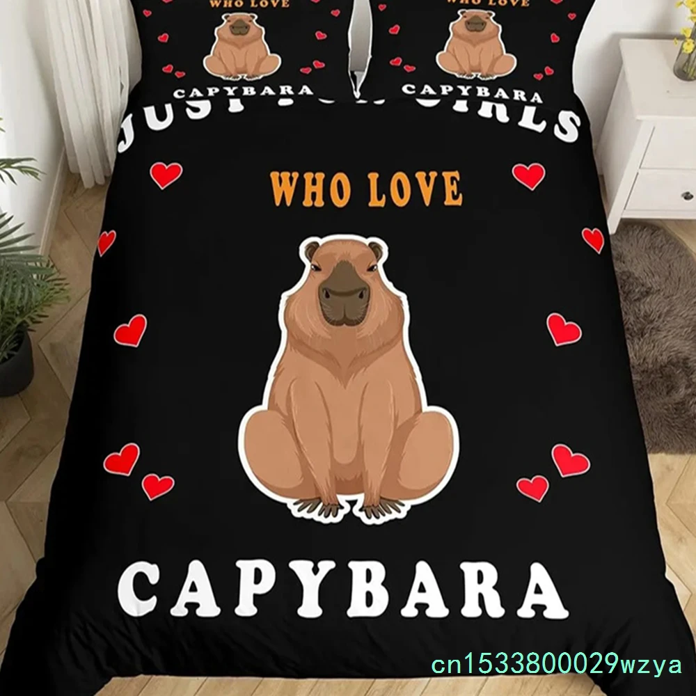 Cute Capybara Print Bedding Sets Full Kawaii Honey Bee Comforter Cover,Cartoon Animals Bed Set Red Love Heart Print Duvet Cover