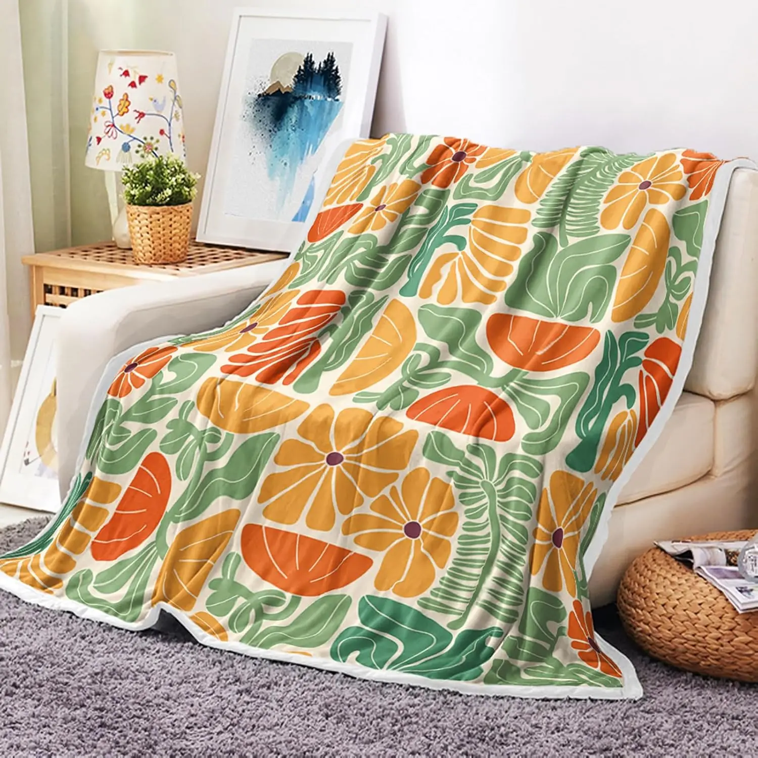 

Одеяло в стиле бохо с абстрактным красочным цветочным принтом, винтажное ретро лоскутное оранжево-зеленое цветочное ботаническое геометрическое эстетическое фланелевое одеяло