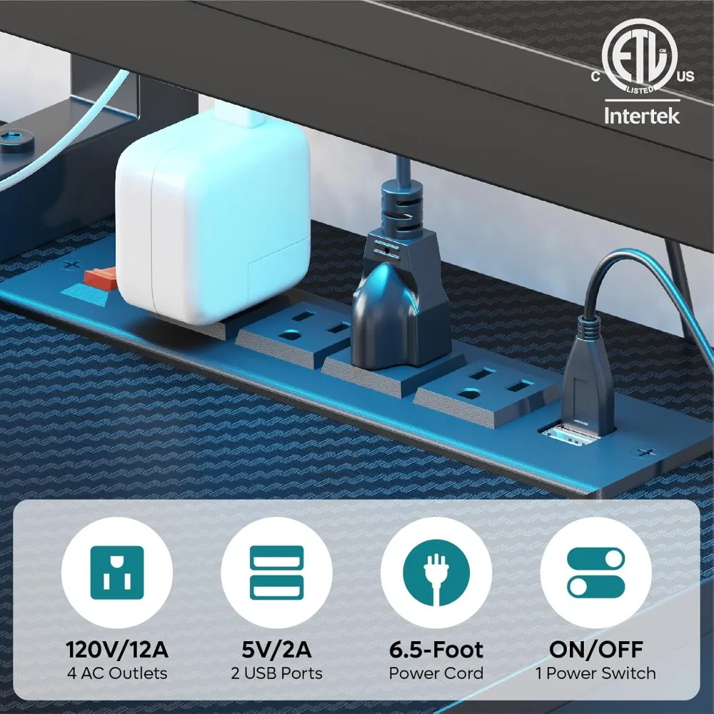 Gaming Computer Desk with Power Outlets, LED Lighting, Large L-Shaped Corner Desk with Storage Shelf, Headset Hooks