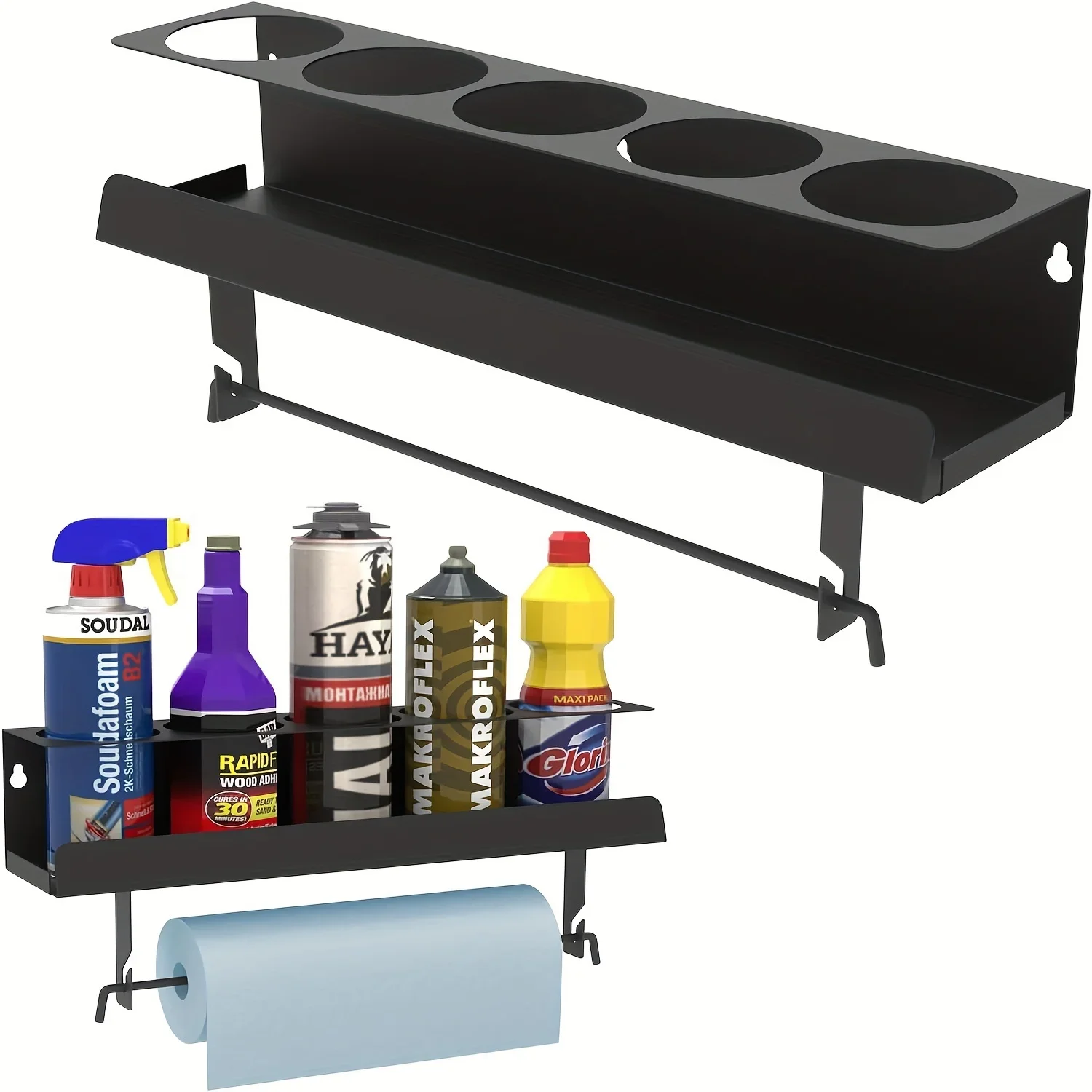 

Wall Mount Lube Can Storagel Storage Spray Towel Holder Shelf Tool Organizer for Garage Craft Works Tool Storage