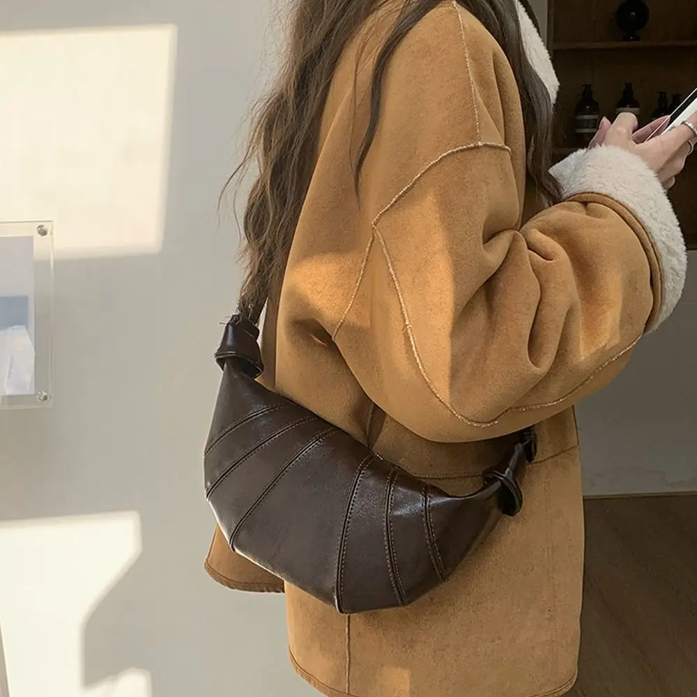 حقيبة كتف كرواسون بنية لطيفة، حزمة صغيرة سوداء من البولي يوريثان، حقيبة زلابية على الطراز الكوري، حقيبة كروس بلون سادة للطلاب #2