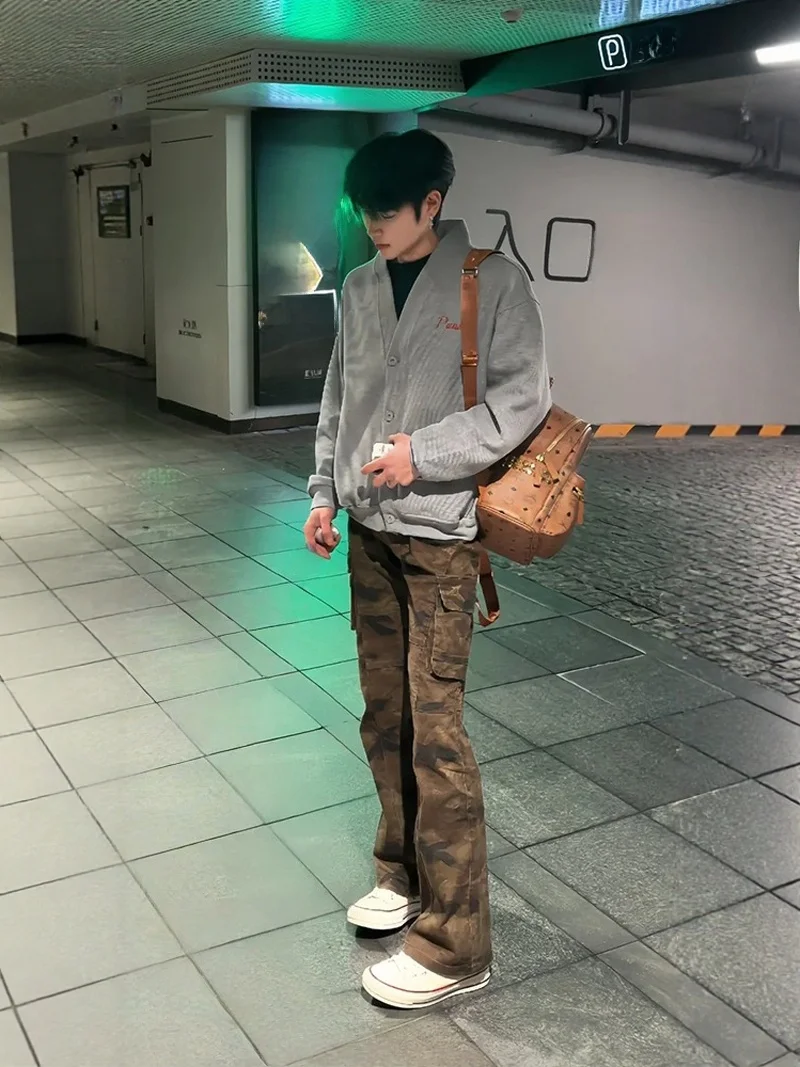 

American Retro Camouflage Workwear Jeans Men's Small Design Slim Micro Flare Work Pants Narrow Straight Leg Pants