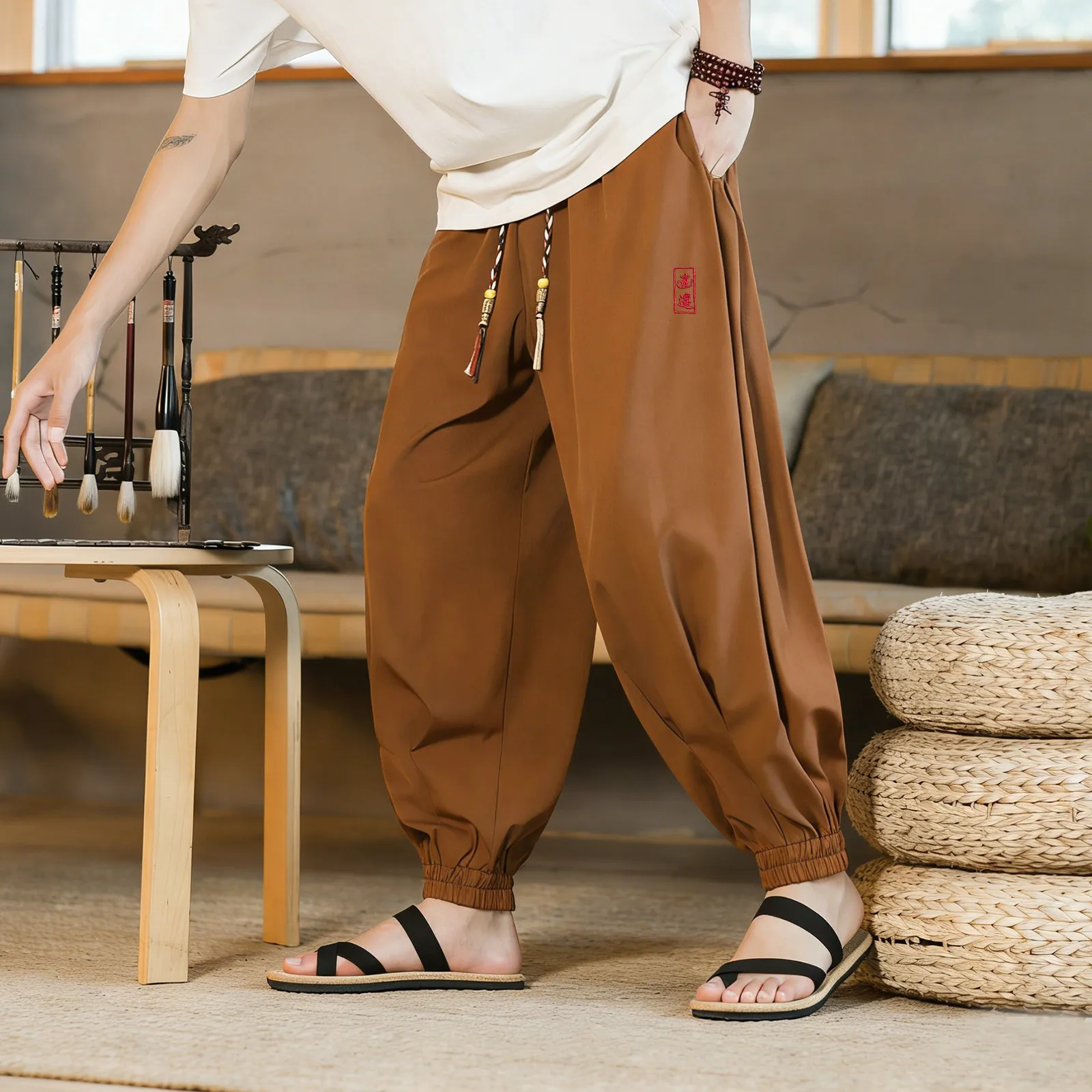 

Men's Chinese Style Harem Pants Long Trousers with Embroidery Tassel Waist Summer Casual Streetwear Bottoms for Man M-XXXXXL