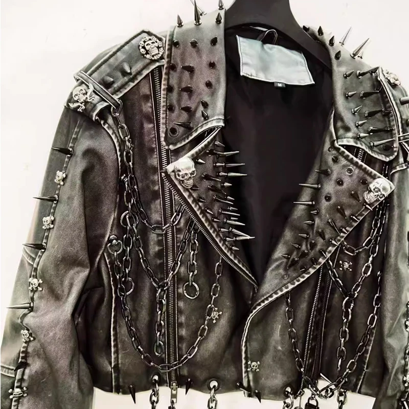 High Quality Mens Vintage Rivet Skull Chain Lapel Motorcycle Leather Jacket Y2K Punk Hip Hop Rock Style Coat Dirt Bike Outerwear