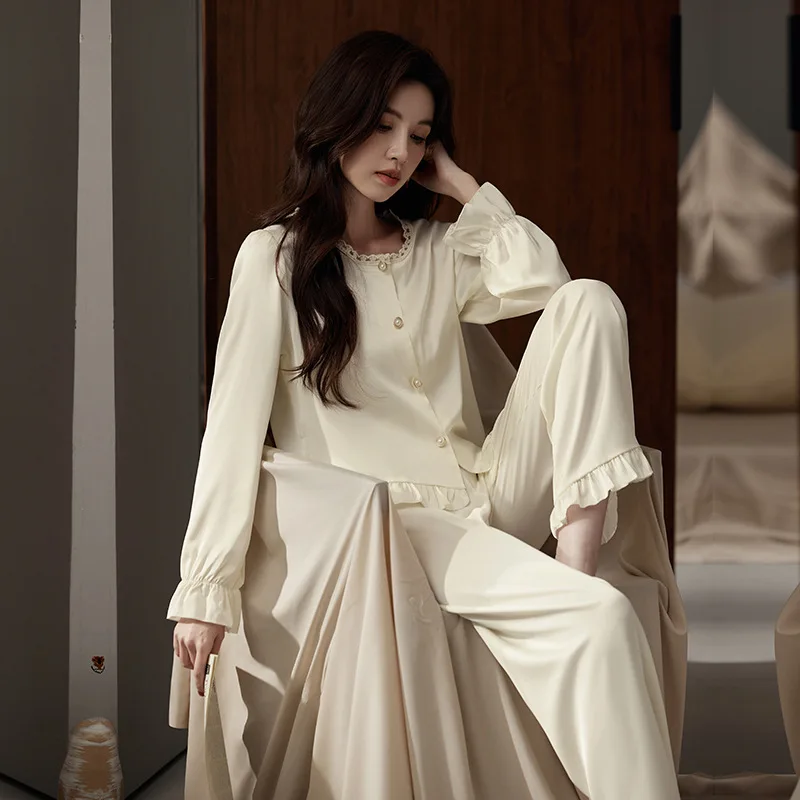 Ladies pajamas, spring, summer and autumn long-sleeved trousers household clothes and ruffled ice silk suits can be worn outside 2