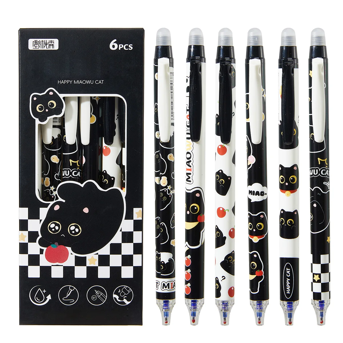 

6pcs Cute Cat Erasable Gel Pens, 0.5mm Blue Ink Quick Dry No Smudge, Back to School & Gift Set