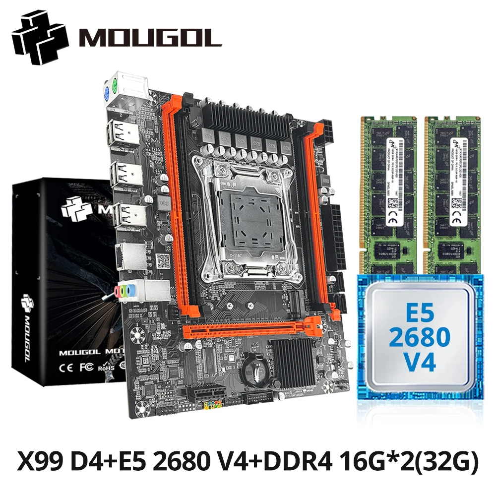 

MOUGOL X99 Gaming Motherboard Kit With Intel LGA2011-3 E5 2680 V4 CPU & DDR4 16G*2 2133MHz ECC RAM M.2 NVME SATA2.0 PCIE3.0 x16