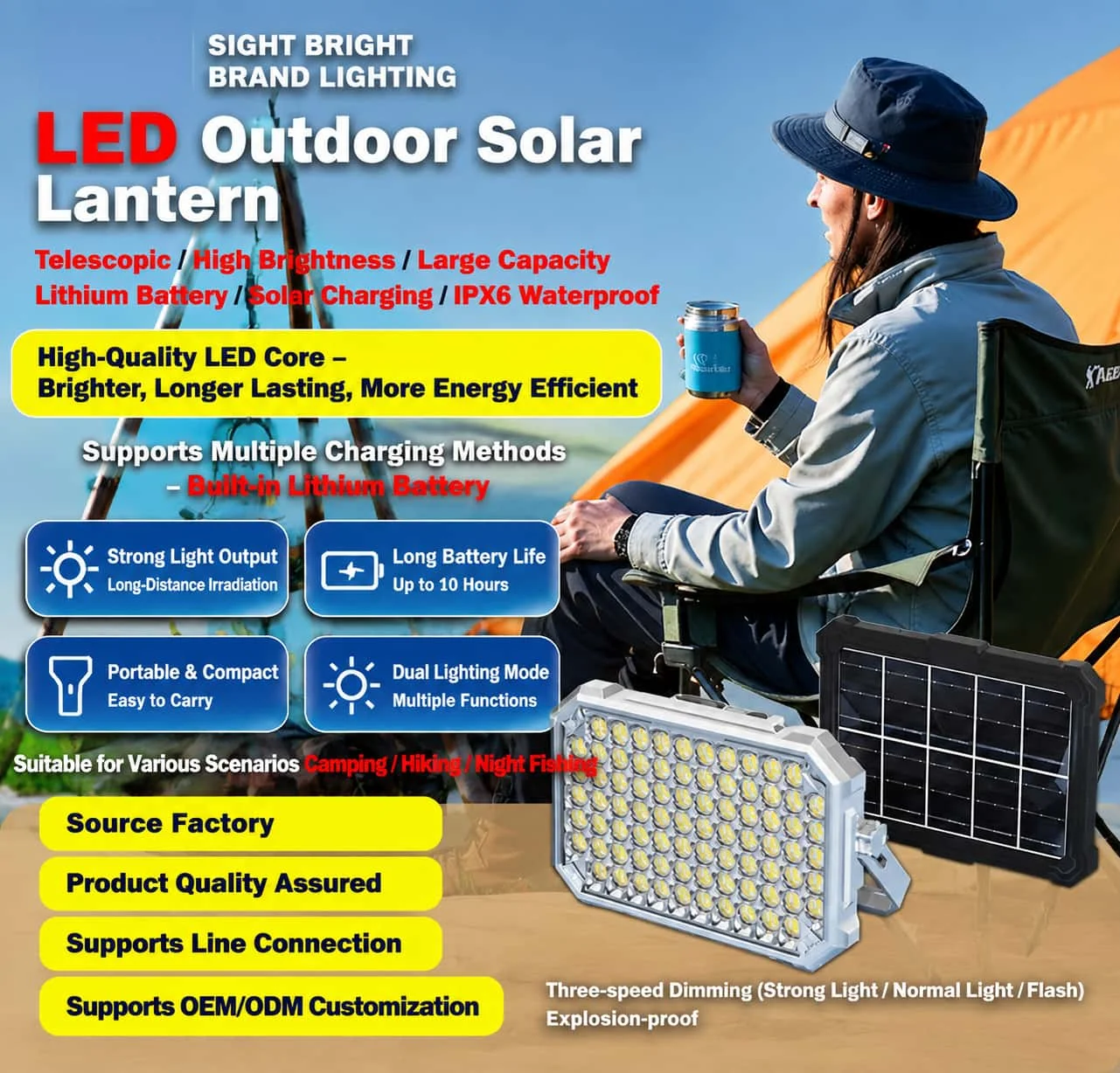Solar Camping Lantern Outdoor Emergency Light Super Bright LED Rechargeable Lamp Wireless for Night Market Fishing Hiking