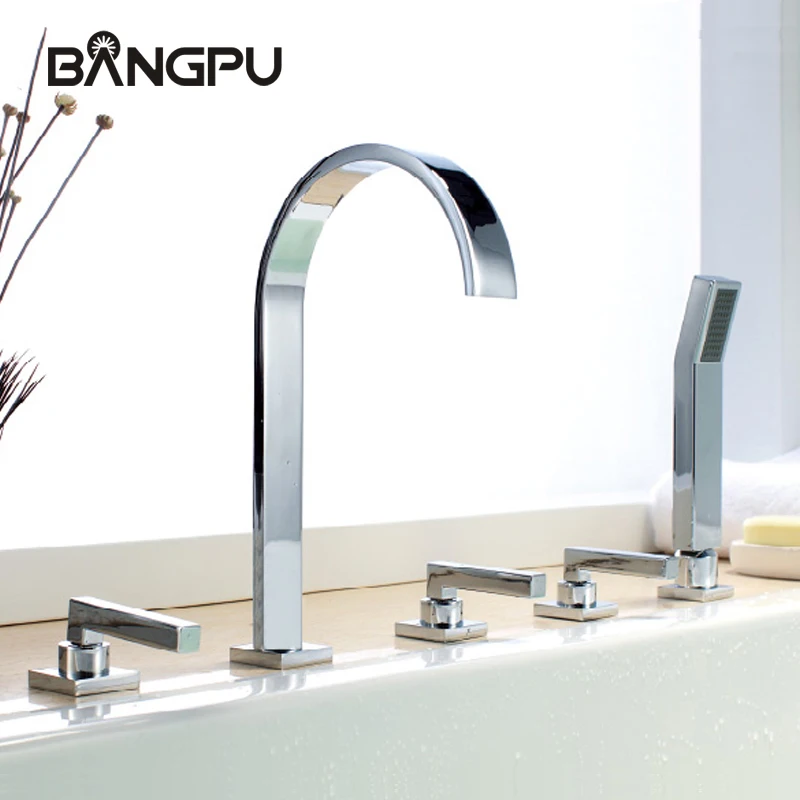 

5 Hole Waterfall Tub Faucet Set Deck Mounted Bath Tub Faucet Set with Hand Shower Roman Bathroom Bathtub Faucet Set Chrome