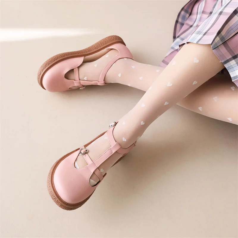 YQBTDL 2022 Heart Buckle Wedges Mary Janes Lolita Shoes Women Pink T-Strap Chunky Platform Sweet Cosplay Pumps Size 43 New Sweet